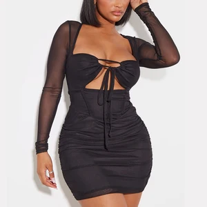 Manufacturer Oem Cut Out Detail Black Mesh Sleeve Corset Dresses Custom Ruched Women Sexy Bodycon Mini Dress