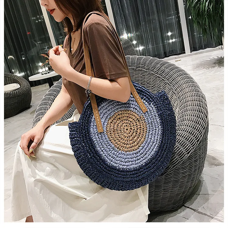 Luxury Wicker Summer Straw Bag With Leather Handles 