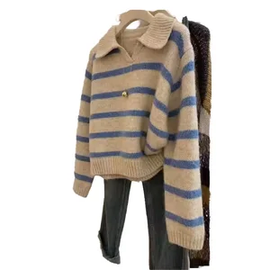 Spring New Women's Vintage Fashion Lapel Striped Long Sleeve Woven Sweater Casual 100% Polyester Breathable Anti-Pilling Digital