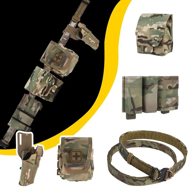 Detachable Tactical Belt with Quick Draw Holster Triple Pouch Medical Kit and Multi-Purpose Stuff Bag Tactic Waist Belt