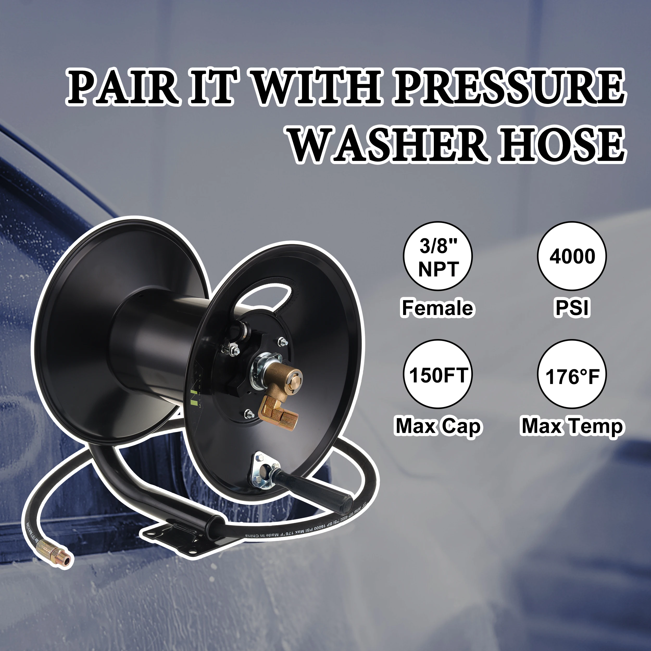 150ft Heavy Duty Power Washer Hose Reel High Pressure Washer