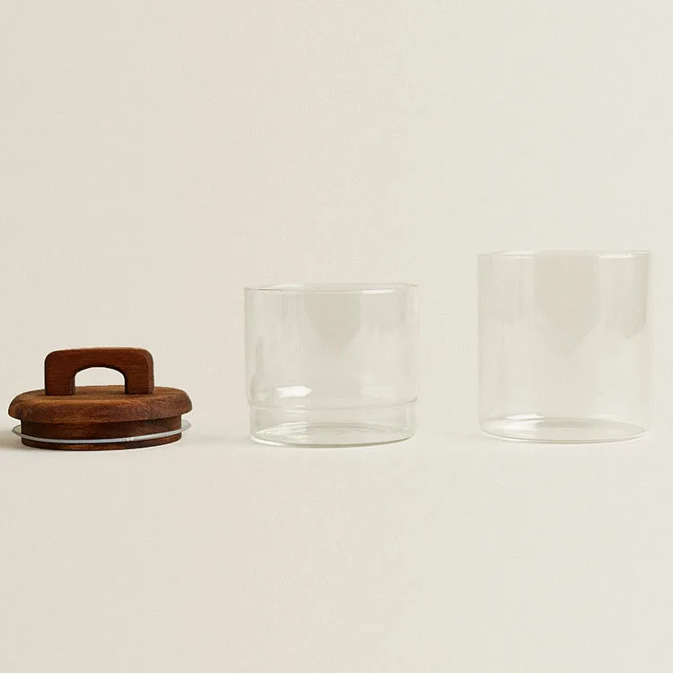 Creative New Design Transparent Round 2 Tier Stackable Glass Container Canister Food Storage Cookie Jar With Wooden Lids