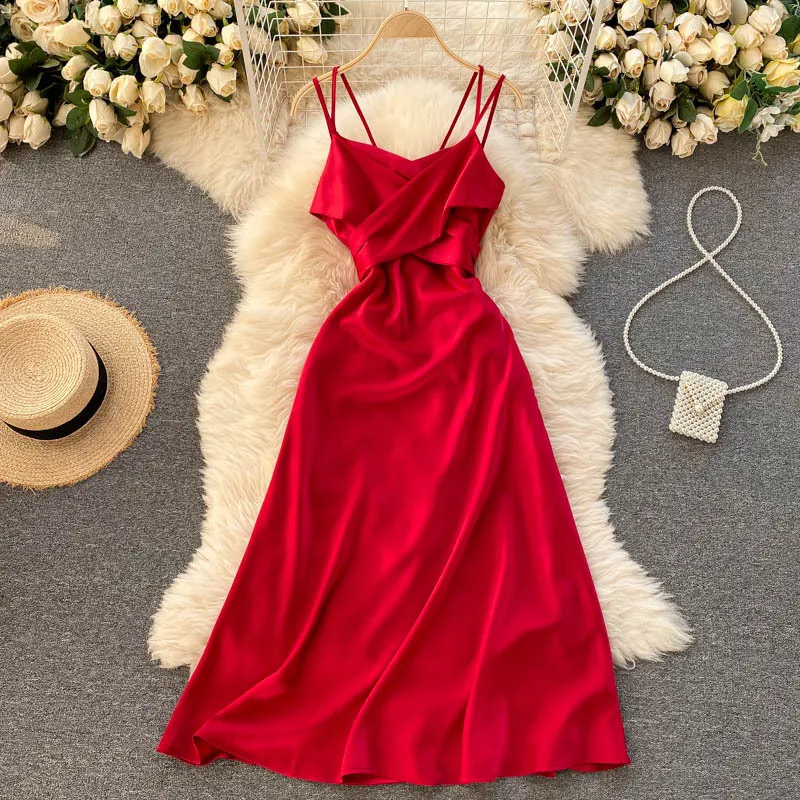 Summer Women Satin Slip Dress Backless Spaghetti Strap Bow Tunic Belted  Elegant Vacation Sexy Party Midi Dress