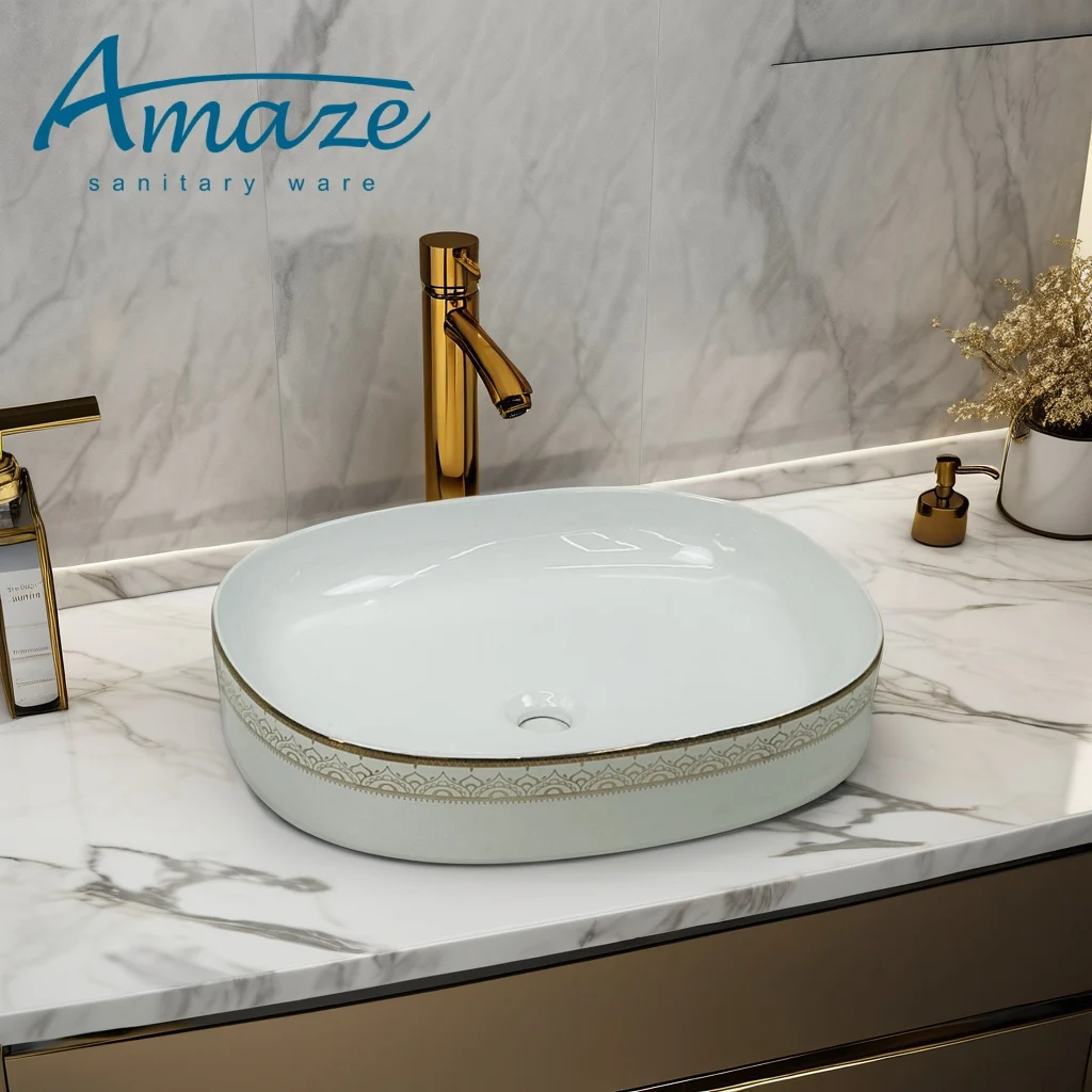 Modern light luxury counter basin bathroom face basin household gold-plated pattern ceramic wash hand basin supplier