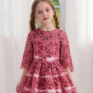 Wholesale Kids Clothes Plant Dye Natural Dye Lace Embroidered Short Sleeves Girl Dresses for Girls