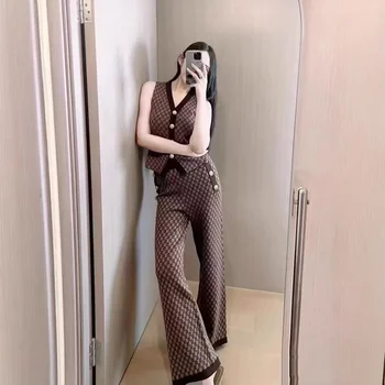 Sexy Sleeveless V Neck Buttons Tops With Wide Trousers Slim Fit Elegant Woman Sets