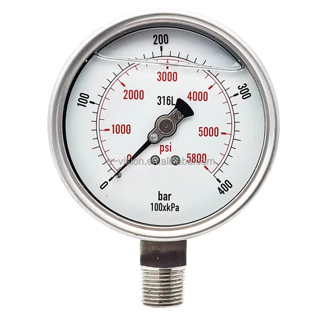 304 Stainless Steel Pressure Gauge High Pressure 400bar 100MM With Oil Filled Bottom Connection