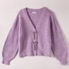 Purple Drawstring Bow Rib Knit Cardigan