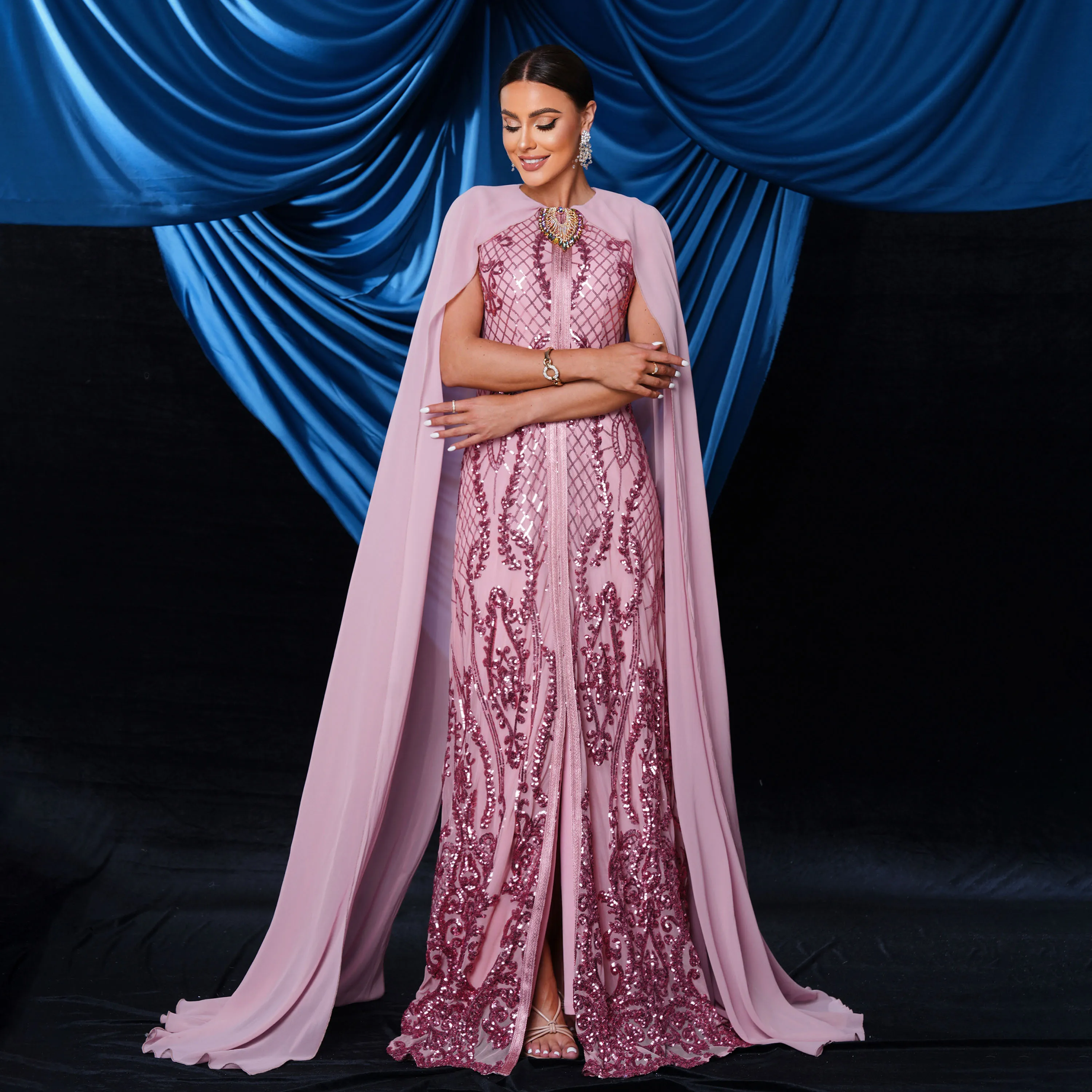 muslim evening dresses with sleeves Elegant Champagne Long Sleeves Muslim Evening Dress with Detachable Ov –  Chellen-prom main image 1