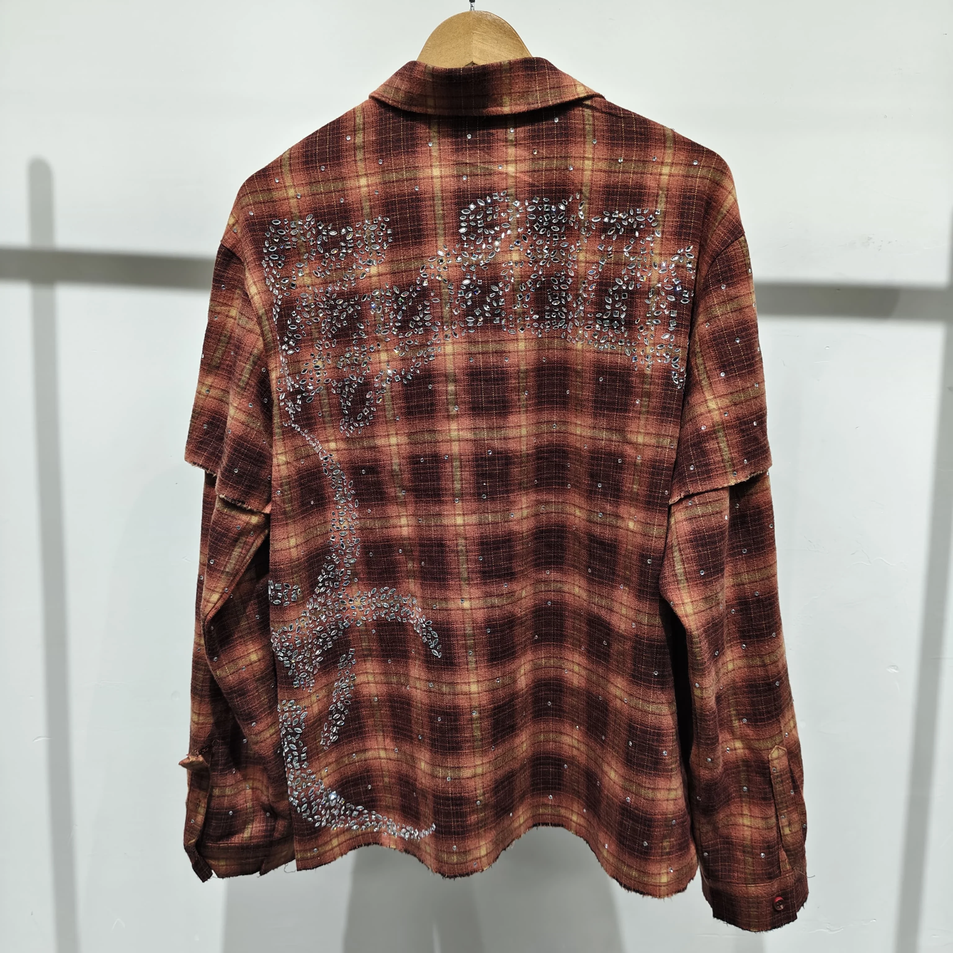 Custom High Quality 100% Cotton Vintage Oversized Streetwear Plaid Flannel Long Sleeve Shirt with Rhinestone gallery 3