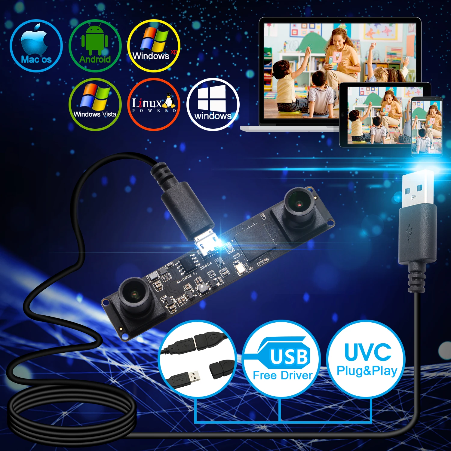 ELP OEM Dual Lens Synchronous 1.3MP OV9715 MJPEG 60fps Machine Vision People Counting HD Video Camera for Robot ,VR
