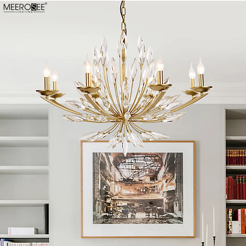 Meerosee Garden Lights K9 Crystal Copper Chandelier Lamparas Modern Hanging Light Brass Rattan Lamp for Cafe/Hotel MD86803