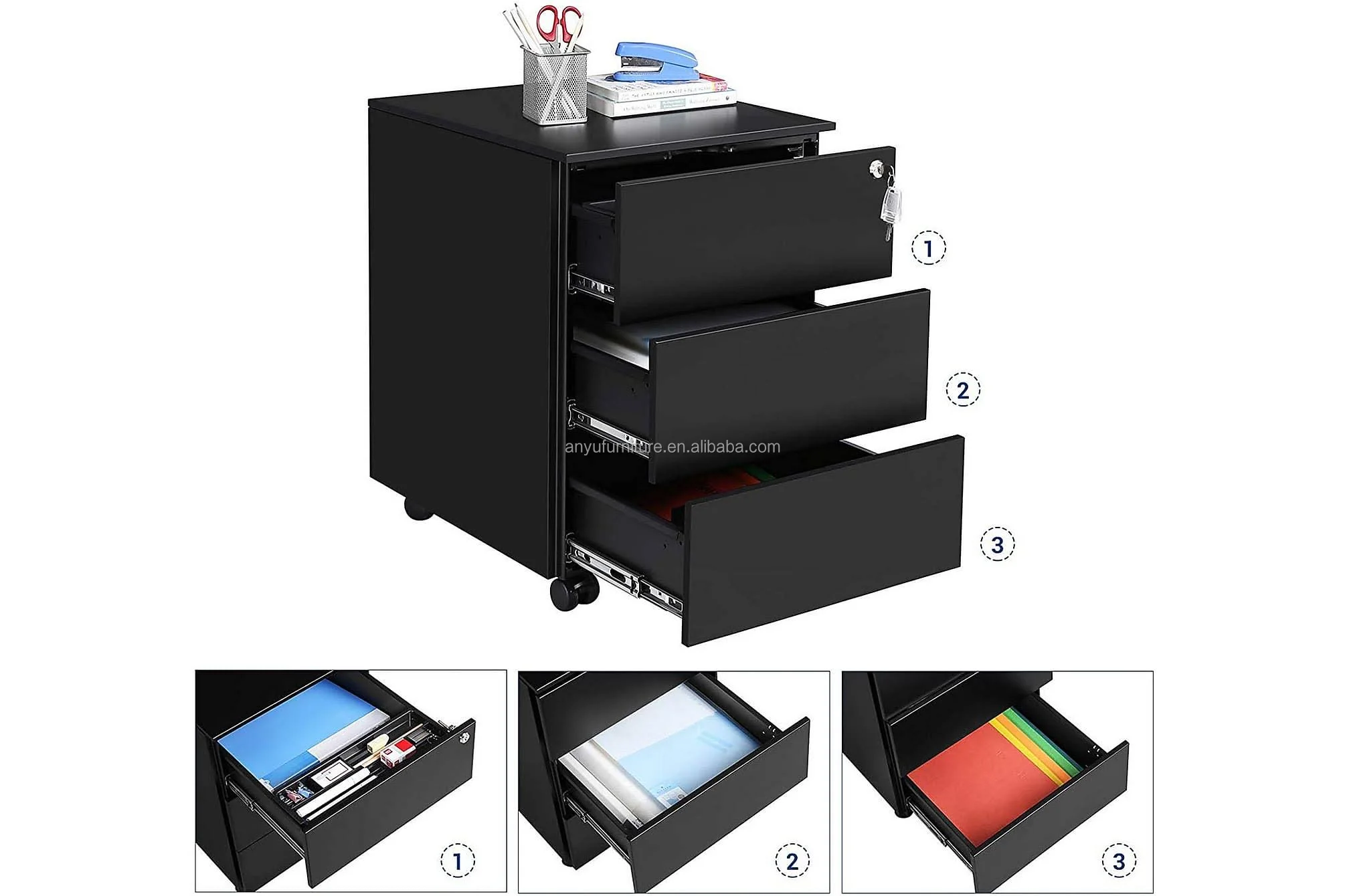 Office Movable Base with 3 Drawers ,Rolling Container Pre-Assembled ...