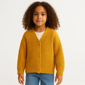 Custom Kids Knit Cardigan Cozy Acrylic Wool Blend Top Knit Button-Up Mustard Girls Sweater OEM ODM Wholesale Supplier