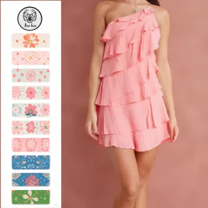 OEM Sweet Elegant Casual Party Blush Floral Tie-Strap Prom Mini Dress With Cascading Ruffle Slash Neck
