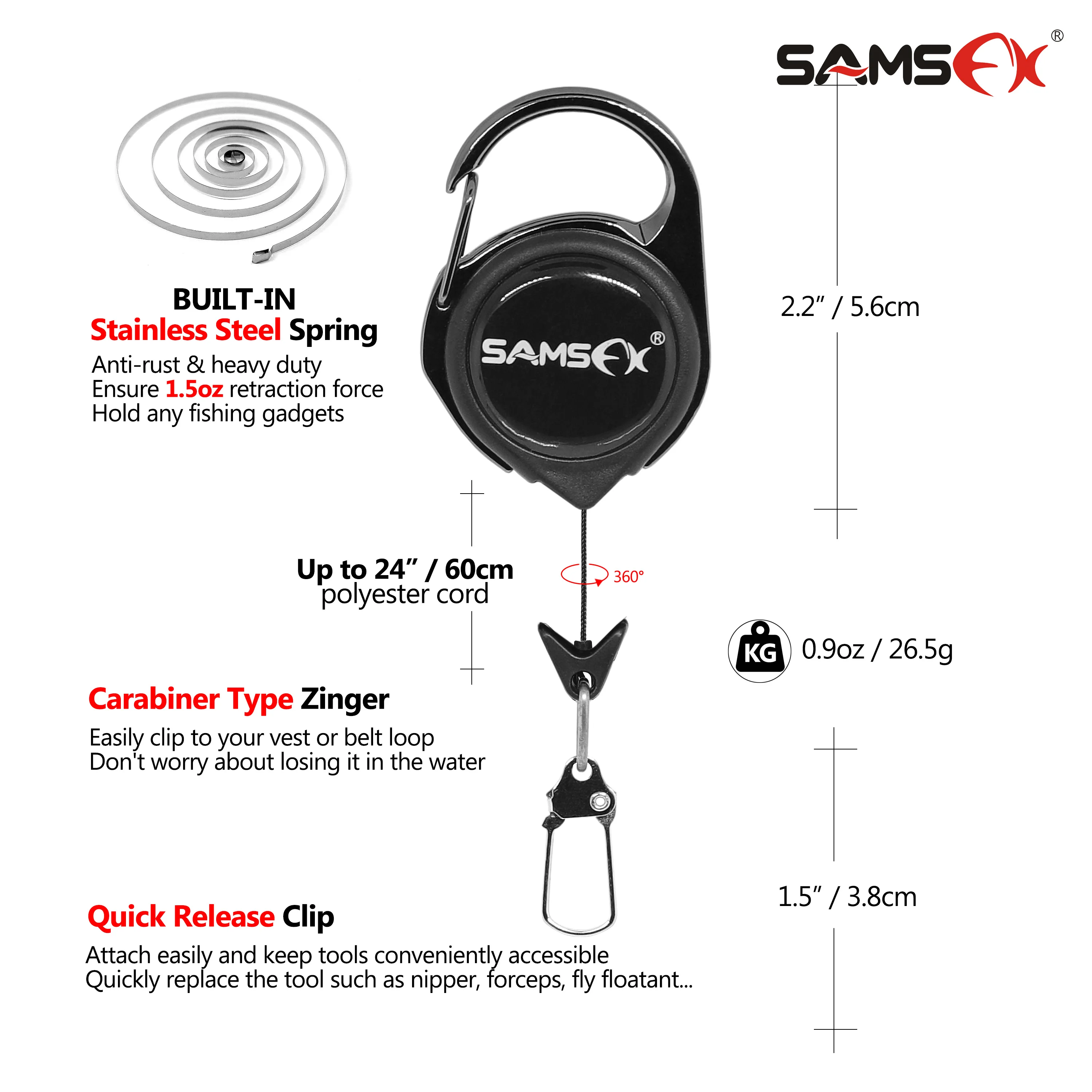 SAMSFX 2 x Fly Fishing Zinger Retractor Retractable Reel Badge Holder Steel Cord