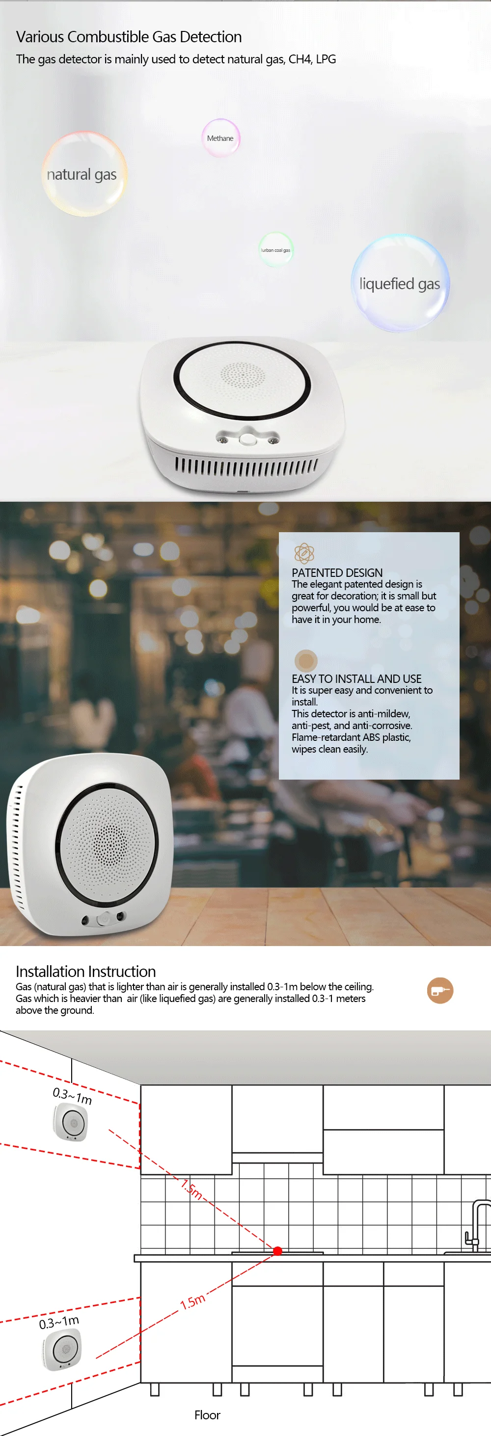 Tuya Smart Home 220v Ac Independent Wifi Natural Lpg Ch4 Fixed Multi Gas Leak Detector For