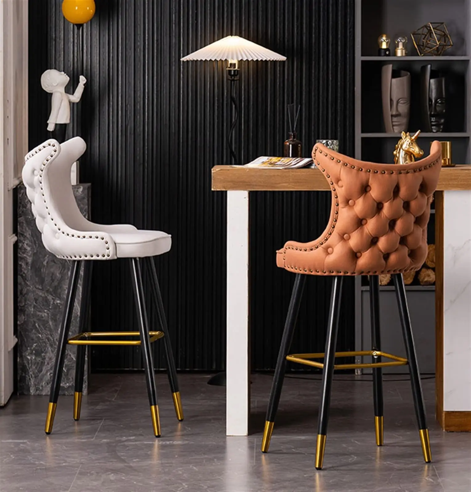 Blue Velvet Restaurant Bar Chair Metal Cover High Bar Stool Modern Nave