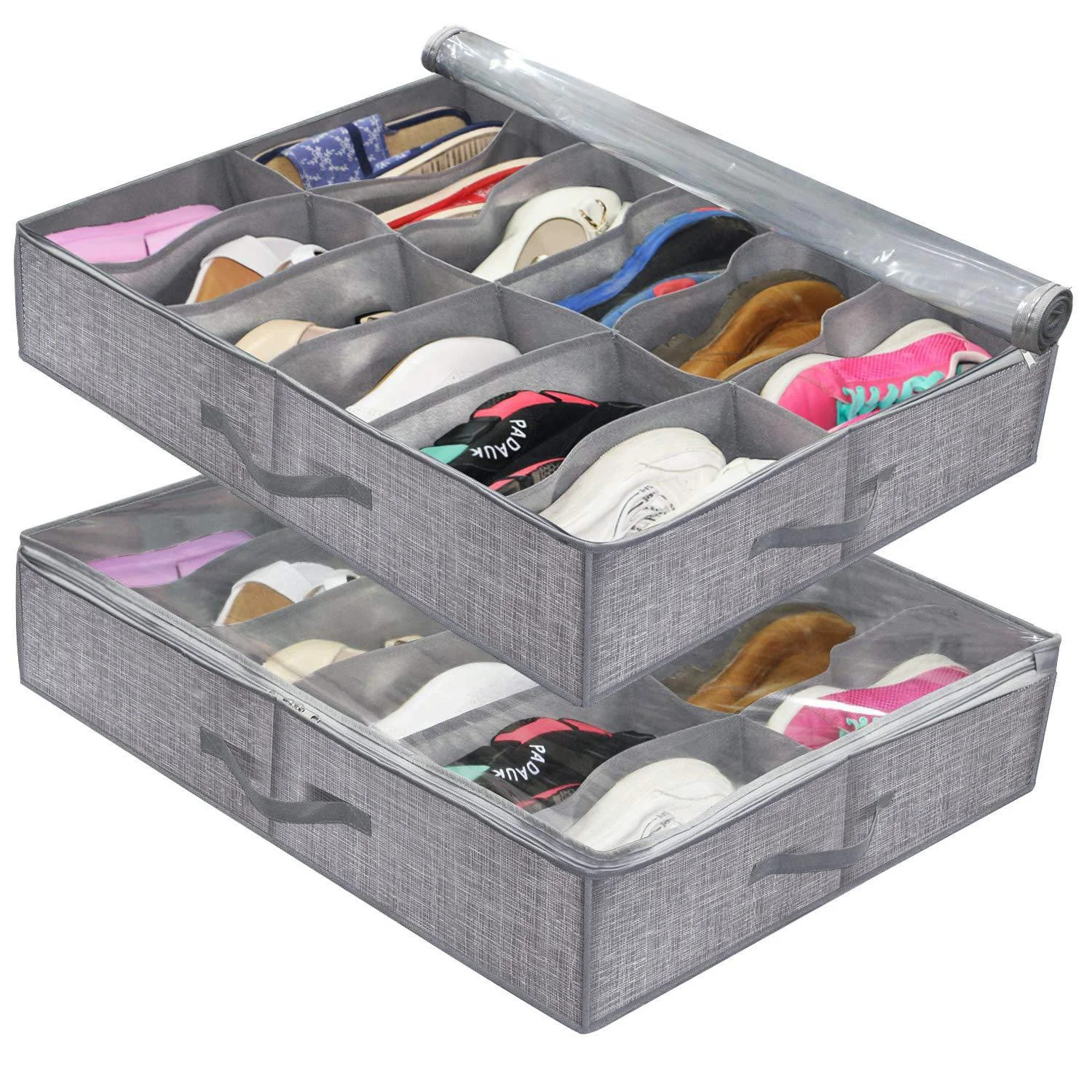 Hot Sale Folding Fabric Under Bed Shoe Organizer With Adjustable Dividers Clear Cover Storage Box &Bins for Sneakers ClothesToys