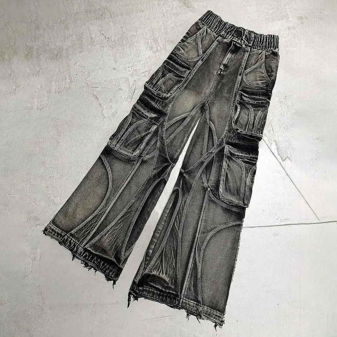 Salati Y2K Men's High Baggy Jeans Hip Hop Punk Stonewash Sun Faded Stone Wash Vintage Distressed Cargo Trousers Button Print gallery 7