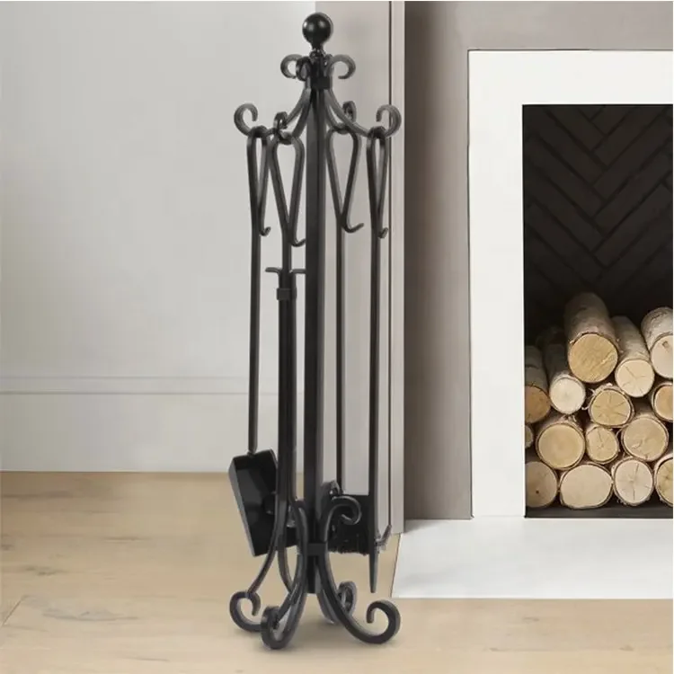 5 Pieces Fireplace Tools Set Cast Iron Indoor Firewood Tools Include Antique Stand Brush Shovel Tong Poker