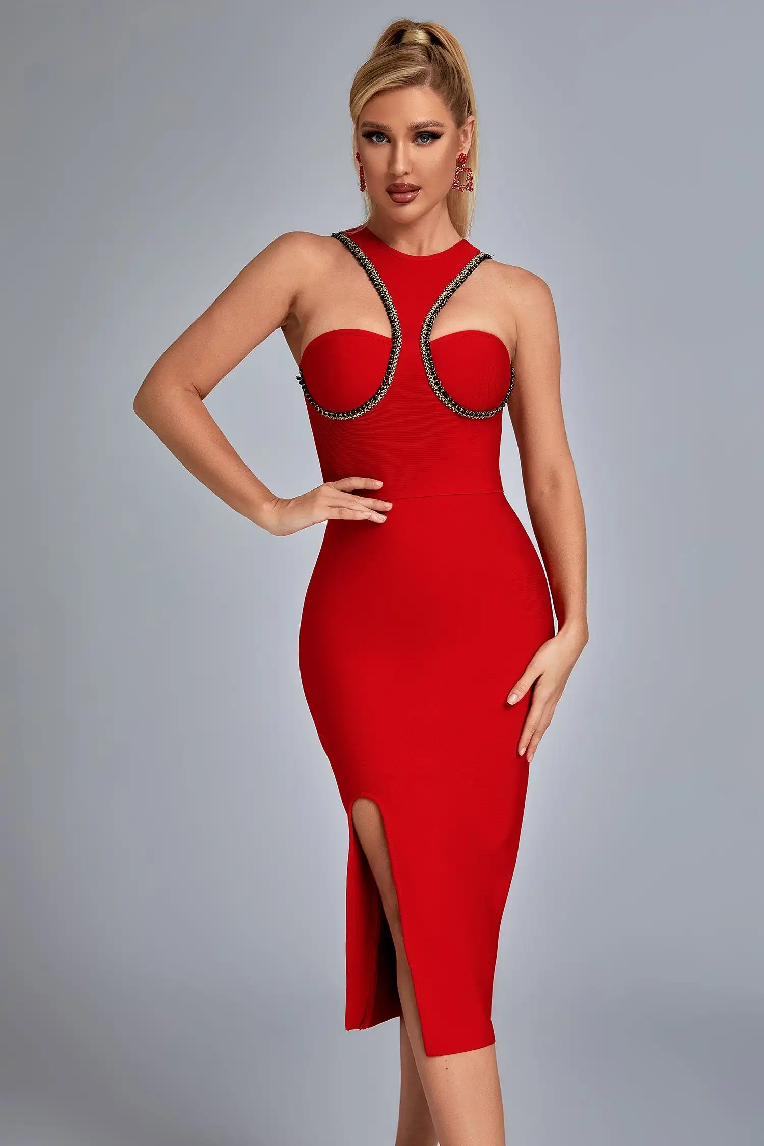 fitted lace wedding dress Red Sequin Holiday Dress – Prom Gown with Slit & Lace-Up Back main image 1