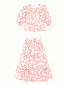 Adolescent Girls Children Suit 6 Years Casual Summer Eco-friendly White Sleeveless Floral Leaves Print Slip Shirt Pink Ruffle