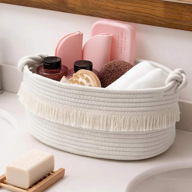 Cute White Tassels Oval Hand Woven Organic Cotton Rope Basket Perfect Home Storage Gift Basket