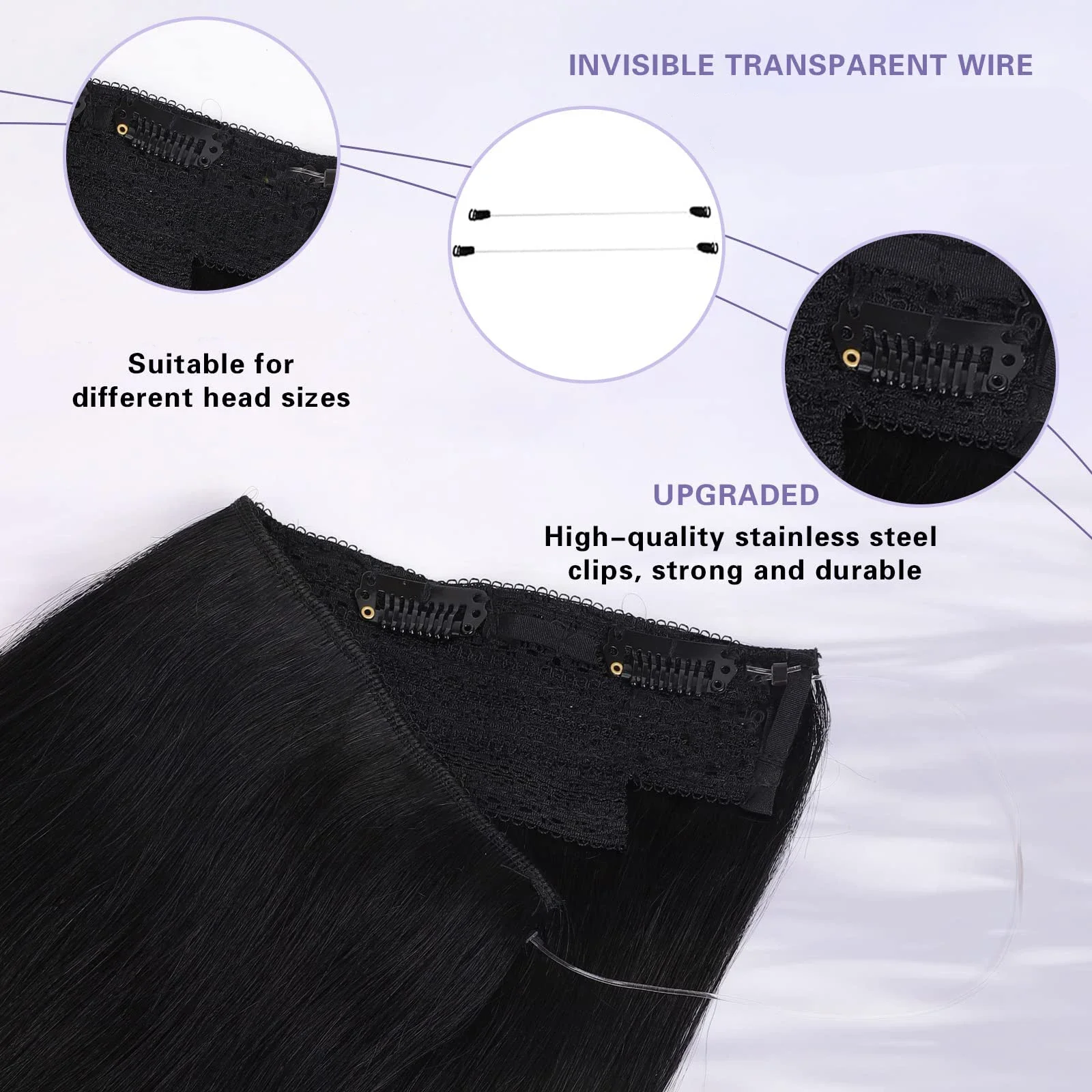 Wire Hair Extensions Real Human Hair with Transparent Headband Adjustable Size 4 Secure Clips Straight Secret Hairpiece #1B_voghion.com