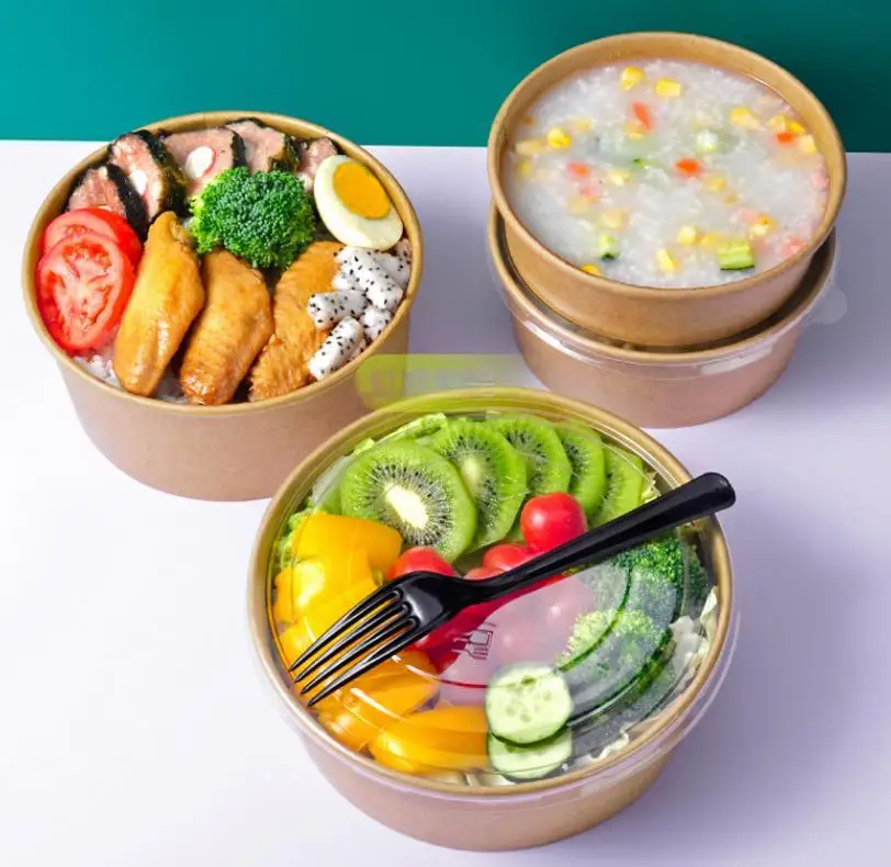 XYA Eco-friendly Take Away Paper Food Container Bowl Disposable Food Paper Fruit Kraft Paper Salad Bowl With Lid