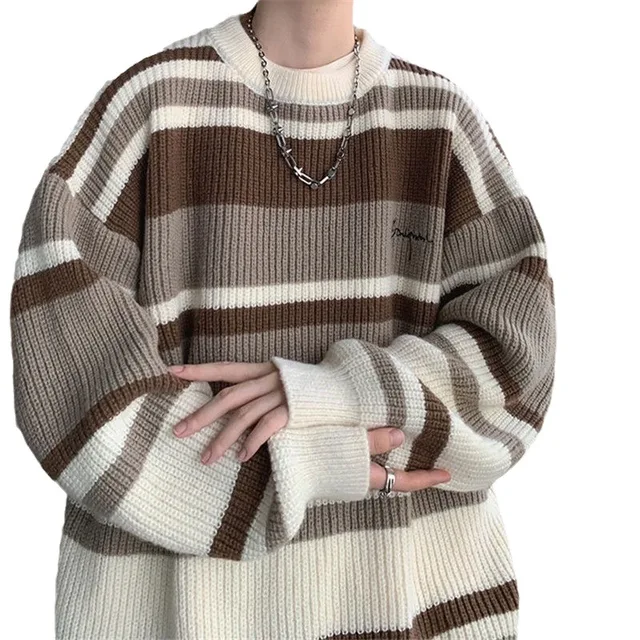 New Japanese Retro Sweater Men Color Blocking Ins Couple 100% Polyester Standard Crew Neck Autumn Knitted Pullover Thin Wool