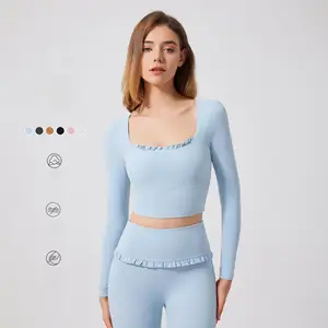 Seamless Women's Knit Yoga Outfits Crop Top with Lace Summer Gym Athletic Running Jogging Semi-fixed Cup Sports Bra Fitness Yoga