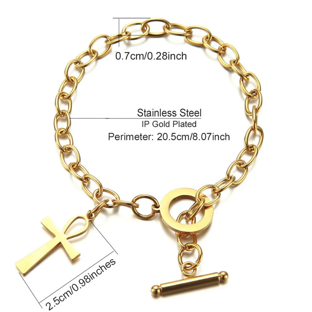 Stainless Steel Chain OT Clasp Toggle Bracelet Purse Dollar Symbol Ankh Charm Bracelet for Women Men Cross Jewelry