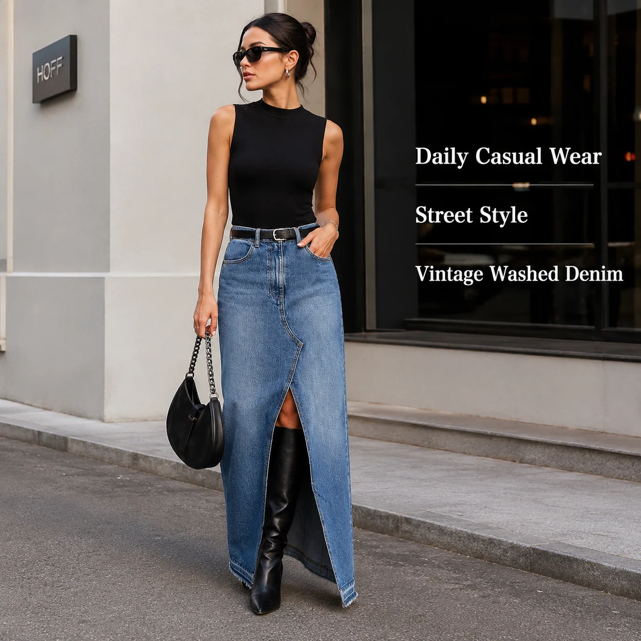 Natural Waist Vintage Split Blue Denim Skirt for Summer Commute Slimming Women's Hip Wrap Design Casual Eco-Friendly