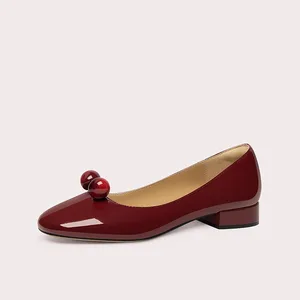 Lily Wei Retro Cherry Decoration Round Head Shallow Flat Bottom Low Heel Slip-On Lightweight PU Women's Wedding Shoes