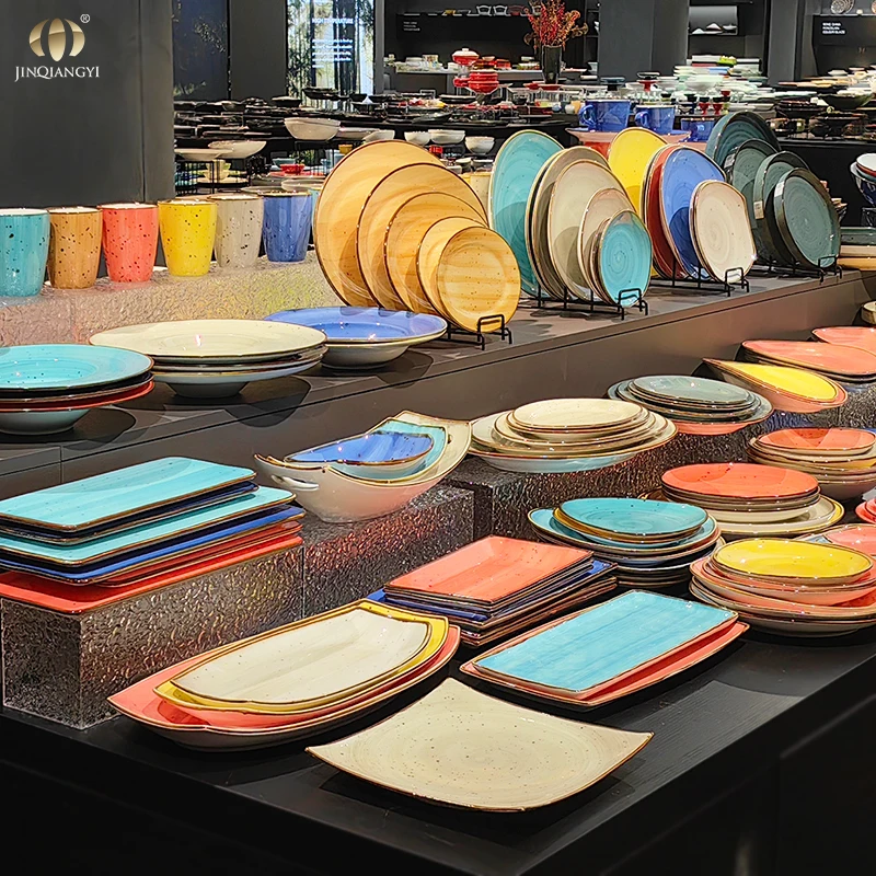 Hand Painted Rustic Earth-Yellow Rim Ceramic Tableware Multiple Color Porcelain Catering Crockery Sets Dinnerware for Restaurant