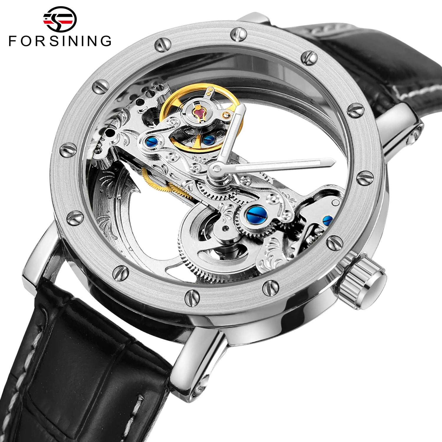 FORSINING Bridge Skeleton Mens Watches Automatic Self Wind Mechanical Leather Band Wrist Watch