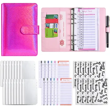A6 PU Leather Notebook Journal 6 Ring Binder Planner Glitter Cover Budget Binder With Cash Envelopes Notebook for Girls