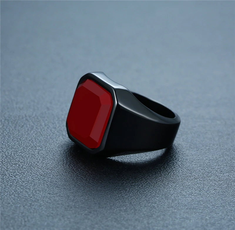 Wholesale Custom Logo Signet Male Blank Metal Finger Red Stone Ring 316l Stainless Steel Plated Black Gold Men Gemstone Rings