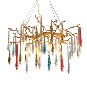 Luxury crystal living room light creative post modern dining room full copper branches water suctio colorful chandelier