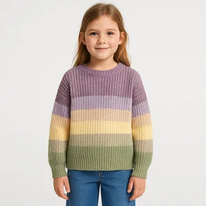 Custom Kids Gradient Stripe Knit Sweater Cozy Acrylic Wool Blend Winter for Girls Pullover Cardigan OEM & ODM Wholesale