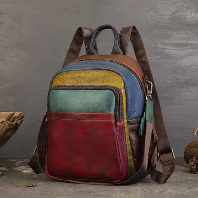 Spring New Arrival Genuine Leather Women's Backpack - Colorful Patchwork Casual Shoulder Bag, Stylish Design Travel Backpack