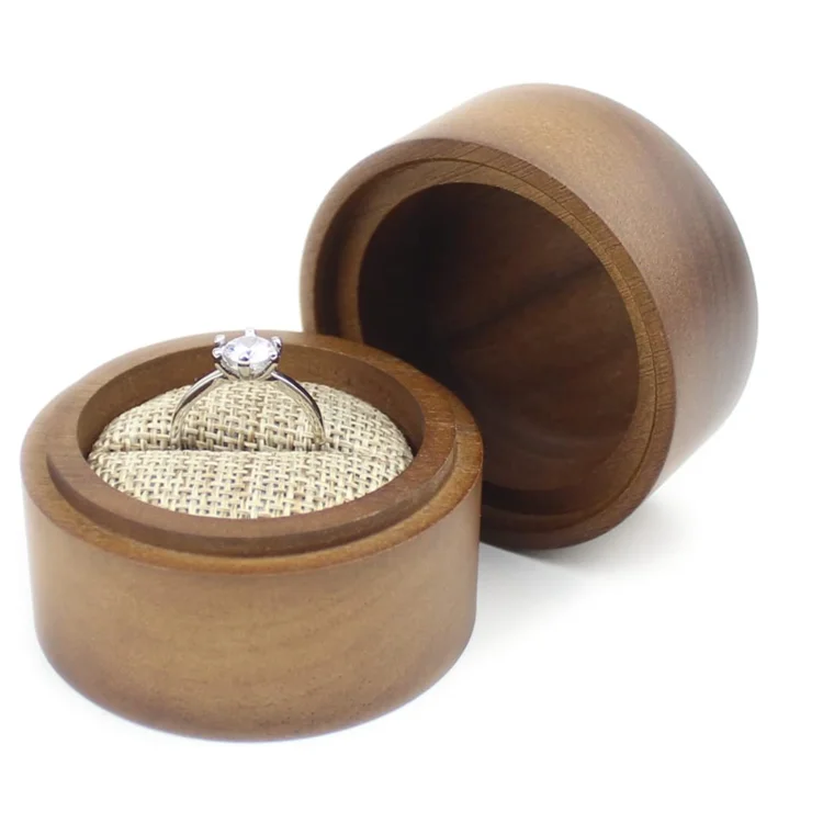 Rustic Walnut Wooden Engagement Ring Box Solid Wood Round Ring Box