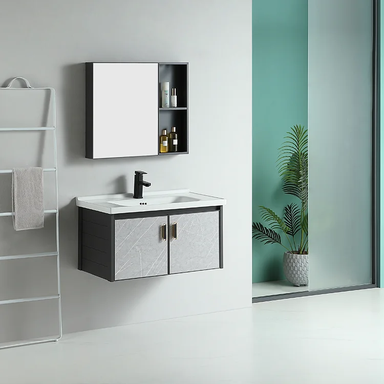 Modern hotel bathroom furniture aluminum cabinet single sink floating wall mounted mirror hanging bathroom vanity details