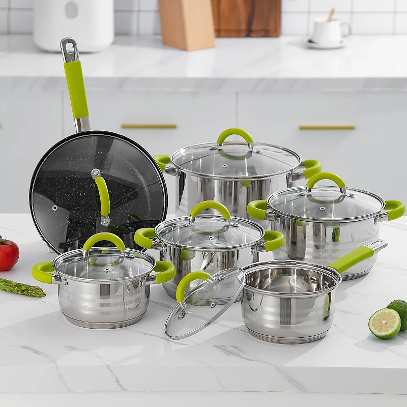 Набор кухонной посуды из нержавеющей стали, 12 шт., новый дизайн, силиконовая антипригарная ручка, кухонная посуда, набор с антипригарной сковородкой
