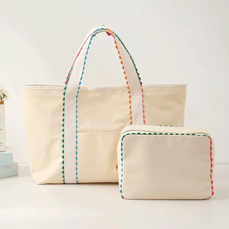 Colorful Ric Rac Trim Canvas Tote Bag Large Capacity Shoulder Handbag Cute Wave Edge Canvas Shopping Bag for Daily Beach Travel