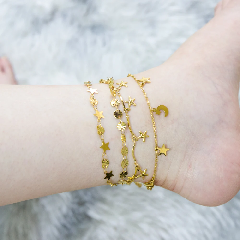 Ason 14k Gold Stainless Steel Anklet With Star And Moon Pendant For