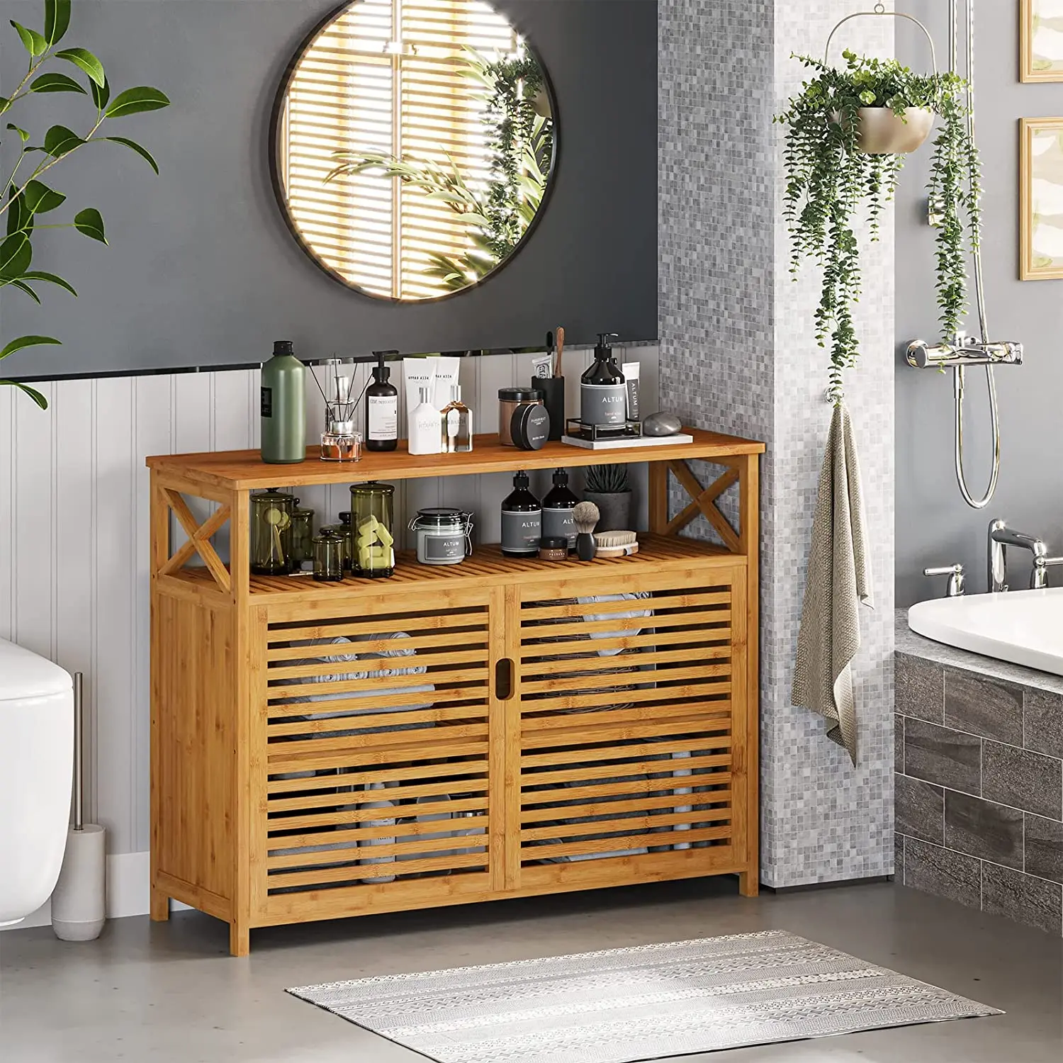Kchenbuffet-Sideboard, Bambus-Aufbewahrungsschrank mit 2 Tren und  Prsentationsregalen, Buffet-Servierschrank, Freistehend