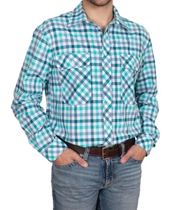 Men's Cotton Poplin Country Shirt Long Sleeve Relaxed Fit 100% Cotton Longer Back Tail Long Sleeve Plaid Western Work Shirt