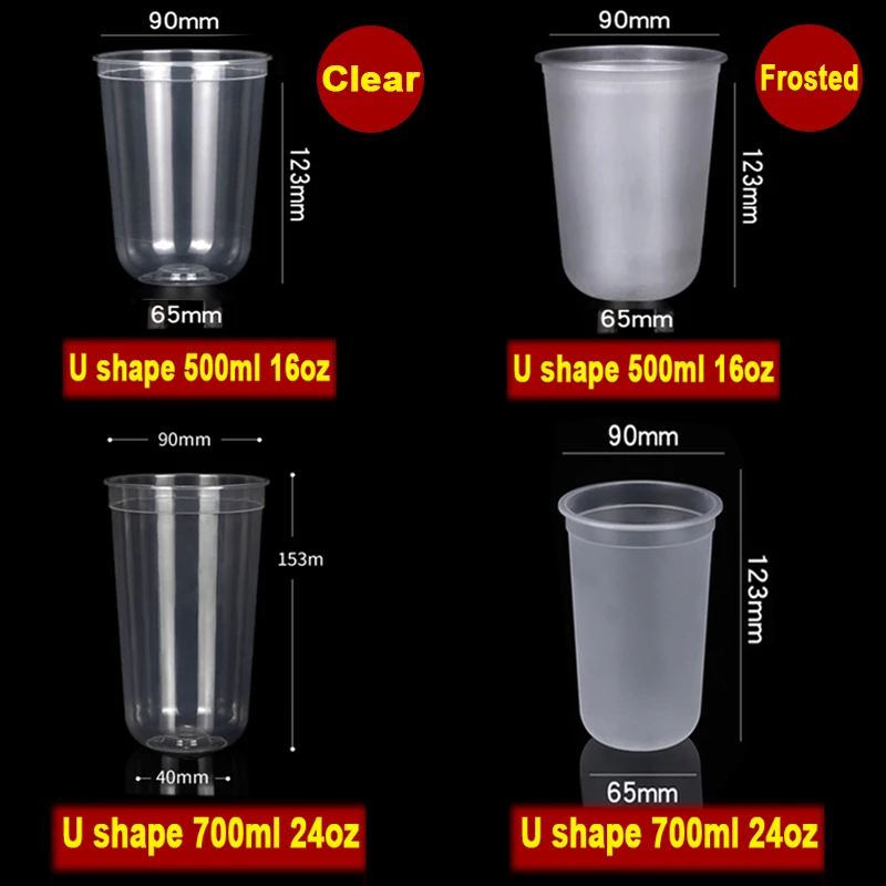 High quality 90 caliber U shape transparent disposable pearl milk tea cold drink plastic cup takeaway package with lid factory